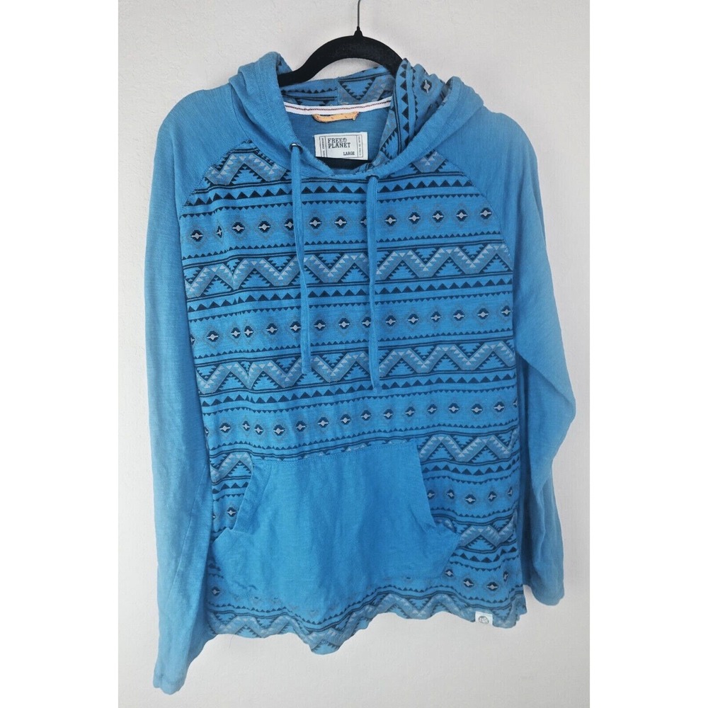 Free Planet Hoodie Large Blue Tribal Aztec Pullover Cotton Boho Festival‎ Surf